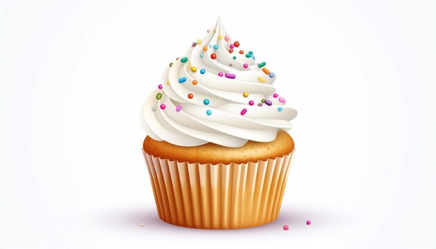 Delicious vanilla cupcake with fluffy white frosting and colorful sprinkles on a clean white background, ready to be enjoyed. - Powered by Adobe