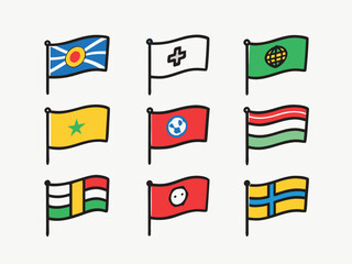 Nine Stylized Flags Of Varying Designs Are Grouped Together On A Soft White