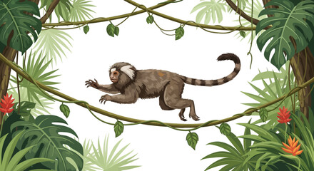 Obraz premium Jumping Marmoset Monkey with Brown Fur and Striped Tail in Jungle.