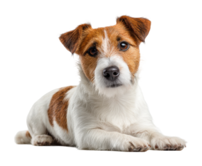 Playful dog lying down at home adorable pet portrait in isolated on transparent background