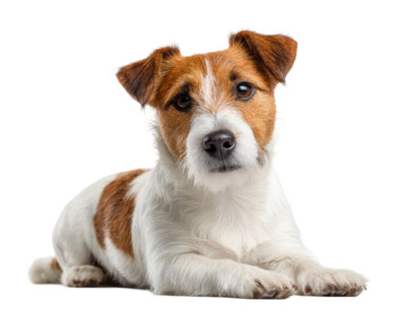 Playful dog lying down at home adorable pet portrait in isolated on transparent background