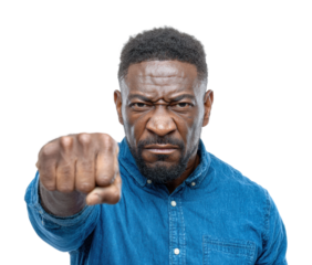 Angry man pointing finger portrait intense emotion isolated on transparent background