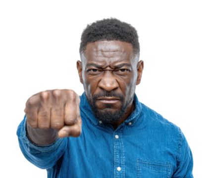 Angry man pointing finger portrait intense emotion isolated on transparent background