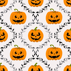 Halloween seamless pattern with orange jack o lantern pumpkins and decorative leaves. Spooky festive background for fabric, wallpaper, or website.
