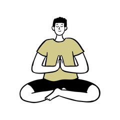 Hand Drawn Man Meditating in Lotus Pose. Hand Drawn Illustration of a Man Doing Yoga.