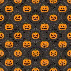 Orange jack o lantern halloween pattern. Cute carved pumpkin seamless design. Festive spooky background for textile, print, holiday.