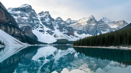 Fototapeta premium Reflection Of Snowy Mountains Shimmering On Crystal Clear Lake — A Breathtaking Winter Scene Where Glassy Waters Mirror Frosted Peaks Under Bright Sky, Capturing Pure Alpine Tranquility