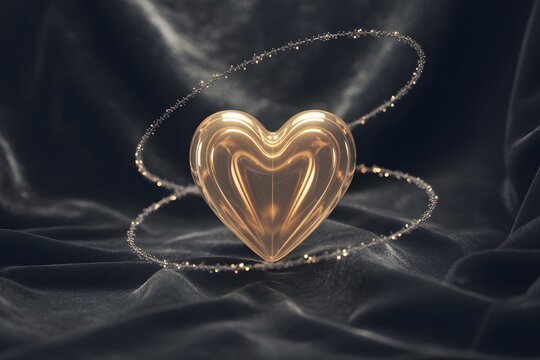 A lustrous golden heart shape suspended and encircled by delicate shimmering threads rests upon a dark velvety fabric
