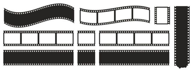 Grunge vintage film strip frame set. Retro movie reel borders with distressed textures and empty photo tape slots.