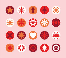 Modern Christmas element set. Snowflakes and stars icons. Colourful decorations. Vector illustration