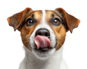Playful dog licking its nose pet isolated on transparent background