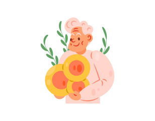 Fototapeta premium Illustration of a grandfather holding coins. Grandfather is happy because he received money from an investment. Retirement money, pension, investment returns. Flat design style. White background.