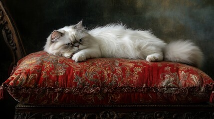 Elegant white persian cat lying on a red and gold decorative pillow, looking relaxed and content, beautiful and luxurious, studio shot