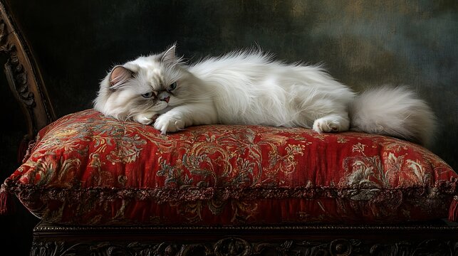 Elegant white persian cat lying on a red and gold decorative pillow, looking relaxed and content, beautiful and luxurious, studio shot