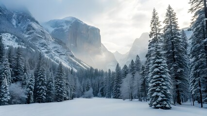 Fototapeta premium Snow‑Laden Forest Rising Toward Rugged Mountain Backdrop, Serene Silence — A Peaceful Winter Landscape Of Frosted Trees, Majestic Peaks, And Quiet Wilderness Beauty In Crisp Mountain Air