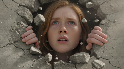 Surprised woman with freckles emerging from cracked concrete wall, hopeful face showing strength and determination