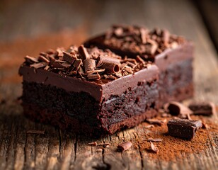 Two squares of chocolate cake topped with shavings on a wooden surface