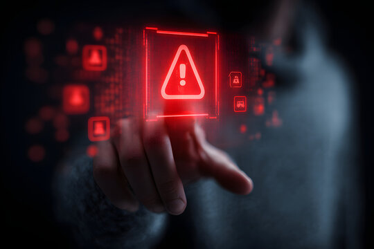 A person's finger presses a glowing red warning triangle icon on a virtual screen. The action signifies a critical system alert or a cybersecurity threat. Concept of user interaction with a warning. 