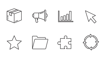 Black outline icons of a box, megaphone, bar chart, cursor, star, folder, puzzle piece, and recycling symbol, representing various business and communication concepts.