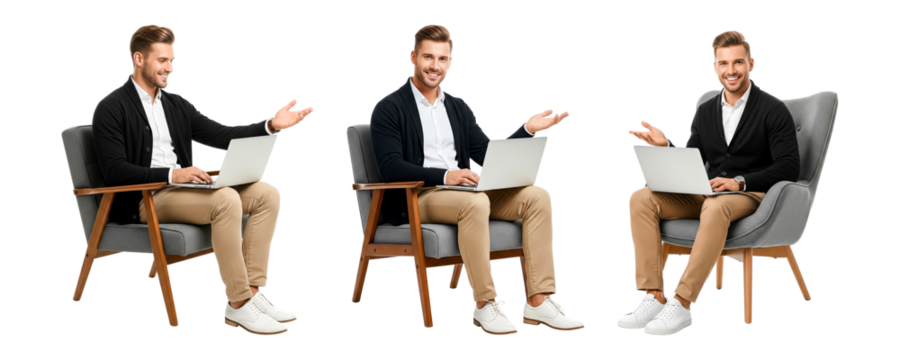 Set of young handsome man siting on chair and using laptop isolated on white