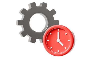 3d gear with clock icon. time management efficiency concept. Minimal cartoon settings schedule alarm clock for app icon dashboard banner. isolated on white background. 3d render.