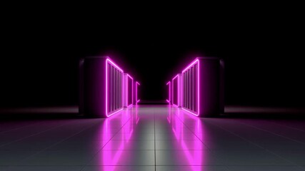 Neon light frame glowing blue and pink inside dark room with reflective tiled floor showcasing futuristic data center corridor and advanced cloud computing technology - Powered by Adobe