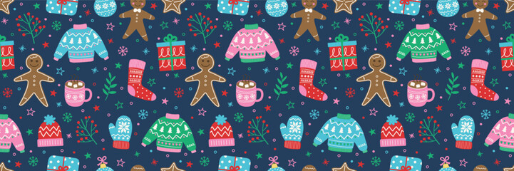 Christmas background with colourful cute hand drawn decorations. Seamless pattern design. Banner. Vector illustration