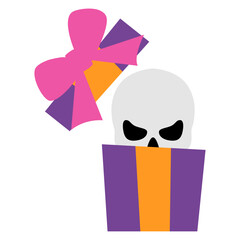Calavera humana saliendo de un paquete de regalo para tarjetas y felicitaciones de Halloween