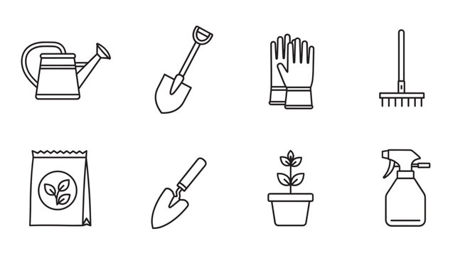 Black outline vector icons of various gardening tools, including watering can, shovel, gloves, rake, seed packet, trowel, potted plant, and spray bottle.