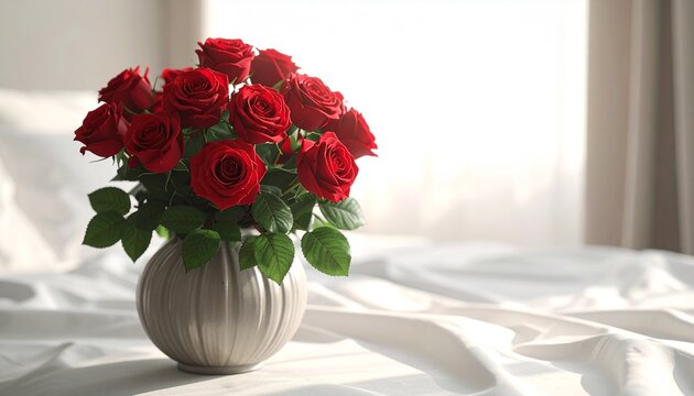 Vase of red roses on a white bed with natural light.