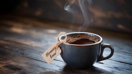 A steaming cup of dark aromatic coffee sits on a rustic wooden table inviting a moment of warm comforting relaxation
