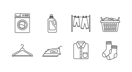 Fototapeta premium Simple black outline icons of a washing machine, detergent bottle, drying rack, laundry basket, hangers, iron, shirt, and socks.