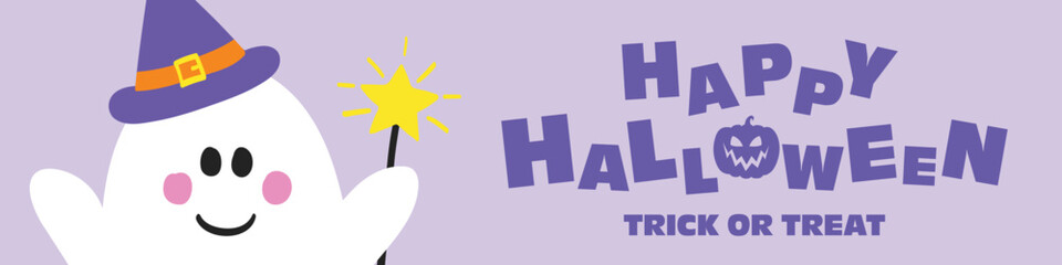 Halloween card with cute ghost. Banner design. Vector illustration