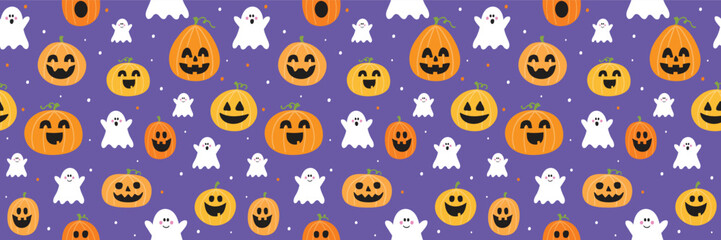Seamless pattern with hand drawn pumpkins and ghosts. Halloween background. Banner. Vector illustration