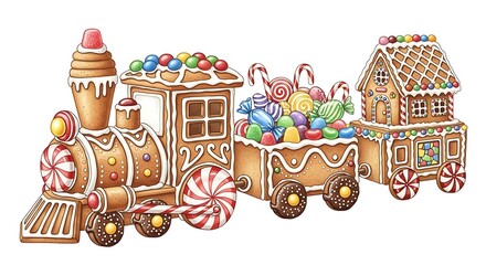 Whimsical gingerbread train decorated with icing and colorful candies for christmas holidays