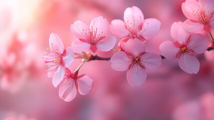 Obraz premium A close up of pink cherry blossoms on a branch with a soft pink background and a bright light source