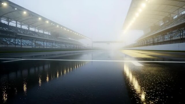 Empty Race Track in Foggy Weather: Cinematic Atmosphere