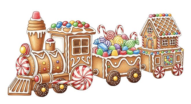 Whimsical gingerbread train decorated with icing and colorful candies for christmas holidays