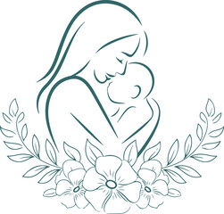 Mother and Baby Floral Line Art Illustration Vector