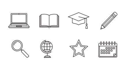 Black and white line art icons of a laptop, open book, graduation cap, pencil, magnifying glass, globe, star, and calendar.