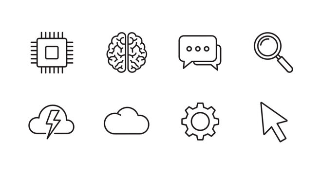 Set of eight black outline icons including a microchip, brain, speech bubble, magnifying glass, lightning cloud, cloud, gear, and cursor arrow.