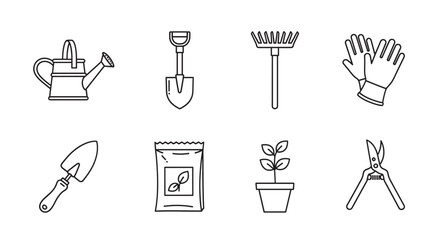 Black outline vector icons of essential gardening tools including a watering can, spade, rake, gloves, trowel, seed packet, potted plant, and pruning shears.