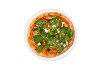 Transparent PNG of gourmet pizza with arugula, paprika, walnuts, cheese, and pomegranate sauce, top-down view, isolated for menu and culinary design.