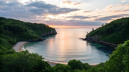 Secluded Cove Waters Shine Under A Soft Radiant Evening Glow, Reflecting Gentle Light And The Peaceful Magic Of Twilight Along A Hidden Coastal Sanctuary Of Calm And Beauty