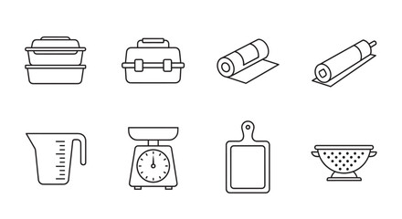 Black outline icons of kitchen utensils including food containers, rolling pins, measuring cup, kitchen scale, cutting board, and colander.
