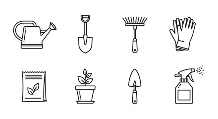 Black outline icons of gardening tools, including a watering can, shovel, rake, gloves, seed packet, potted plant, hand trowel, and spray bottle.