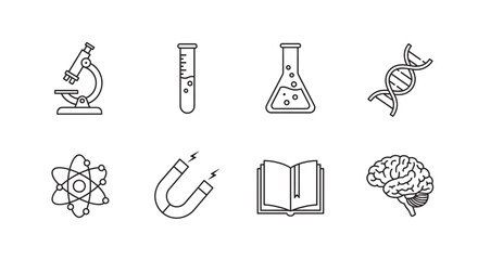 Black outline icons of a microscope, test tube, flask, dna strand, atom, magnet, open book, and brain, representing scientific and educational concepts.