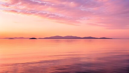 Fototapeta premium The Smooth Sea Surface Reflects A Soft Pink Dawn Above Distant Islands, Blending Gentle Light And Tranquil Waters Into A Peaceful Symphony Of Morning Calm And Natural Beauty