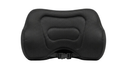 Black ergonomic lumbar support pillow for back pain relief isolated on white background.
