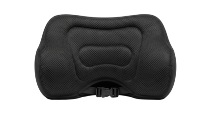 Black ergonomic lumbar support pillow for back pain relief isolated on white background.